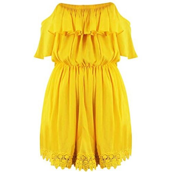 Yellow Strapless Off The Shoulder Dress With Lace Trim - Picture 5 of 8